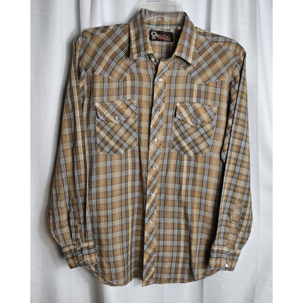 Hi-Gear Mens Vintage Western Pearl Snap Plaid Shirt Tan Brown Large Made in HK